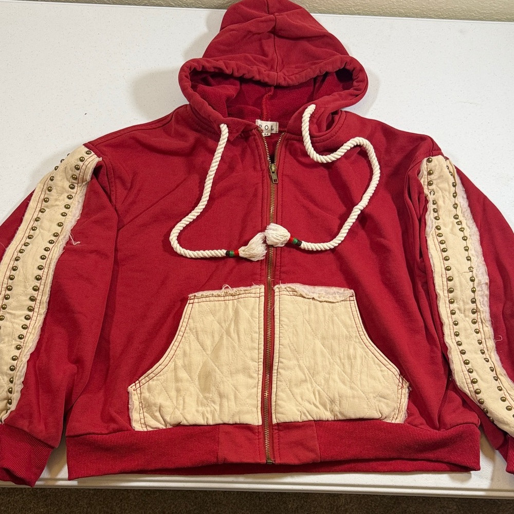 POL Red Hooded Zip Jacket with Cream Label